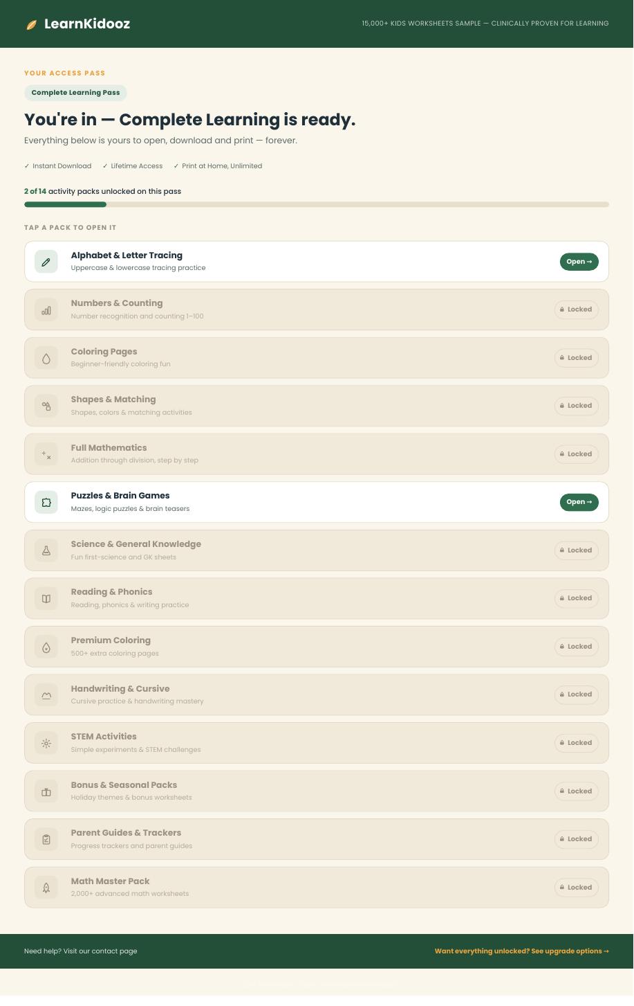 First page of the free LearnKidooz sample worksheets PDF